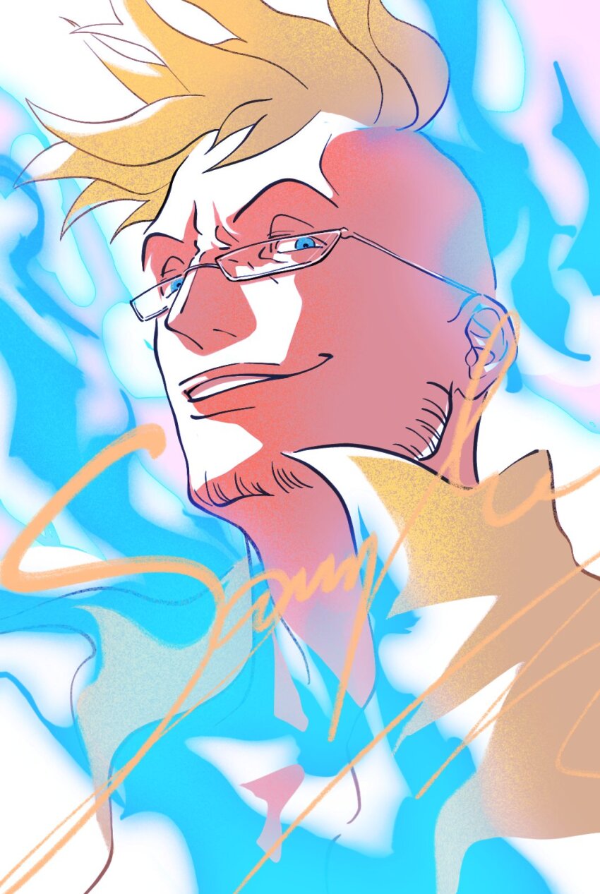 1boy beard_stubble blonde_hair blue_eyes close-up collared_shirt colored_smoke commentary facial_hair fengcheche glasses highres looking_at_viewer male_focus marco_(one_piece) one_piece sample_watermark shirt short_hair smoke solo stubble symbol-only_commentary watermark white_shirt