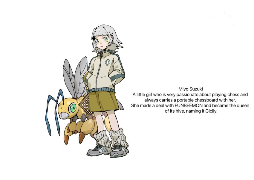 1girl blue_eyes digimon digimon_(creature) funbeemon highres looking_at_viewer simple_background white_background