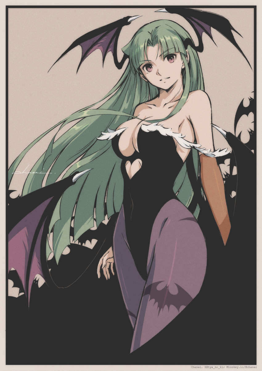 1girl absurdres animal_print bat_print black_leotard blunt_bangs breasts bright_pupils brown_eyes cleavage darkstalkers demon_wings green_hair head_wings highres leotard long_hair looking_at_viewer morrigan_aensland pantyhose parted_bangs purple_pantyhose solo strapless strapless_leotard tyanoki wings