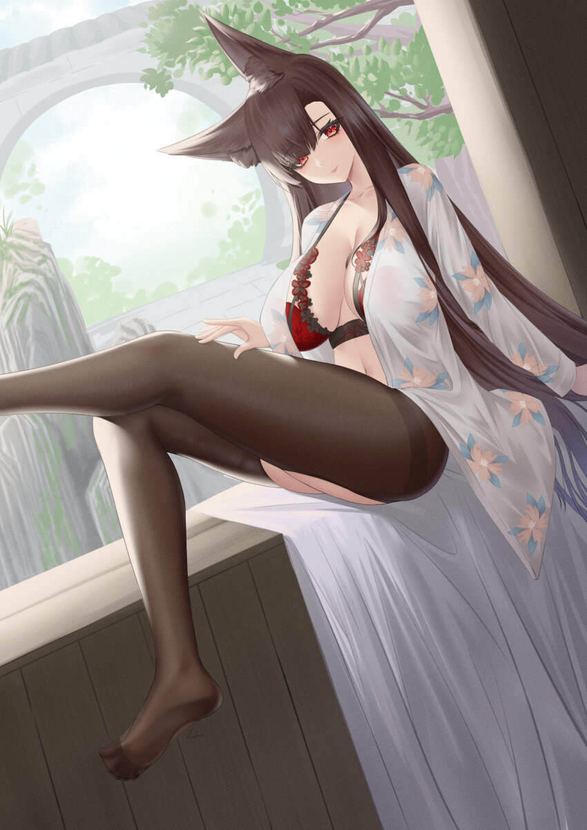 1girl absurdres akagi_(azur_lane) animal_ears azur_lane barefoot bra breasts brown_hair brown_thighhighs choker collarbone foot_out_of_frame fox_girl high_heels highres ichikushi_mojibake lace lace-trimmed_bra lace_trim large_breasts long_hair navel red_bra red_choker red_eyes sitting solo thighhighs underwear variant_set very_long_hair window