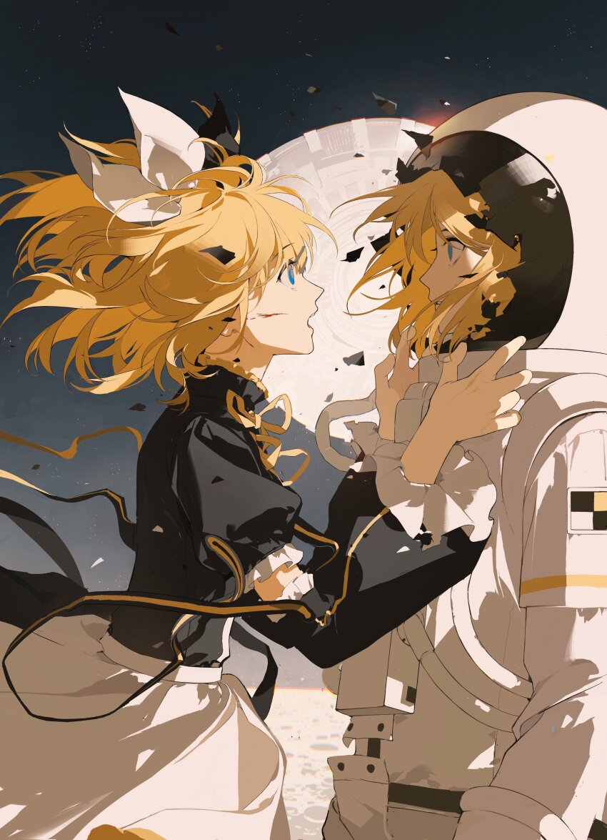 2girls absurdres black_ribbon black_shirt blonde_hair blue_eyes broken_helmet chongzhen_085 debris detached_sleeves dual_persona face-to-face floating_hair from_side hair_ornament hair_ribbon hairclip highres kagamine_rin kagamine_rin_(reactor) machinery multiple_girls nuclear_reactor on_moon open_mouth puffy_short_sleeves puffy_sleeves ribbon roshin_yuukai_(vocaloid) shirt short_hair short_sleeves skirt space spacesuit surprised upper_body vocaloid white_ribbon white_skirt wide-eyed