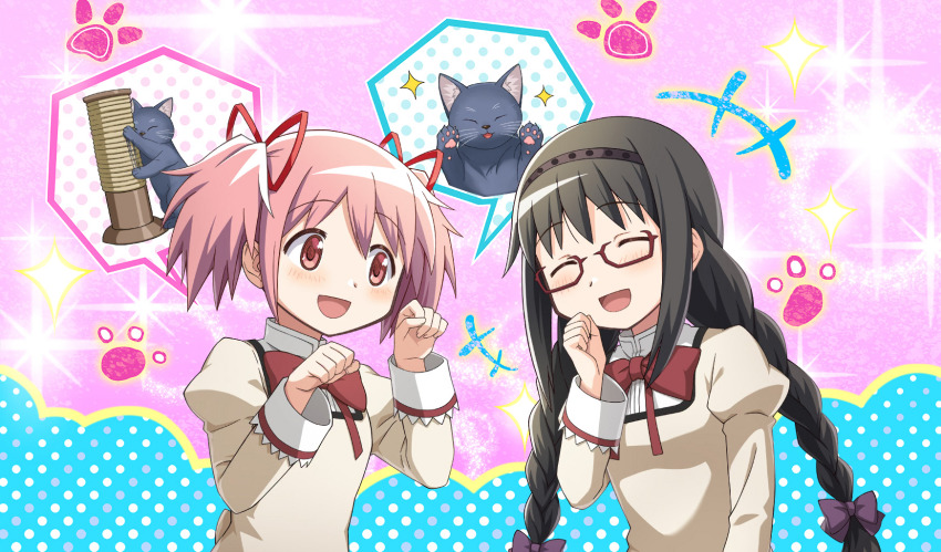 +++ 2girls ^_^ akemi_homura artist_request black_cat black_hair blue_background bow bowtie braid cat clenched_hand clenched_hands closed_eyes collared_shirt dot_nose game_cg glasses grey_hairband hair_between_eyes hair_bow hair_ribbon hairband hand_on_own_cheek hand_on_own_face happy high_collar highres juliet_sleeves kaname_madoka kitten lace-trimmed_sleeves lace_trim laughing light_blush long_hair long_sleeves looking_at_another low_twin_braids mahou_shoujo_madoka_magica mahou_shoujo_madoka_magica_magia_exedra mitakihara_school_uniform multiple_girls official_art open_mouth paw_pose paw_print pink_background pink_eyes pink_hair polka_dot polka_dot_background puffy_sleeves purple_bow red-framed_eyewear red_bow red_bowtie red_ribbon ribbon school_uniform scratching_post shirt short_hair short_twintails smile sparkle spoken_animal studded_hairband tareme twin_braids twintails two-tone_background upper_body very_long_hair white_sleeve_cuffs yellow_shirt