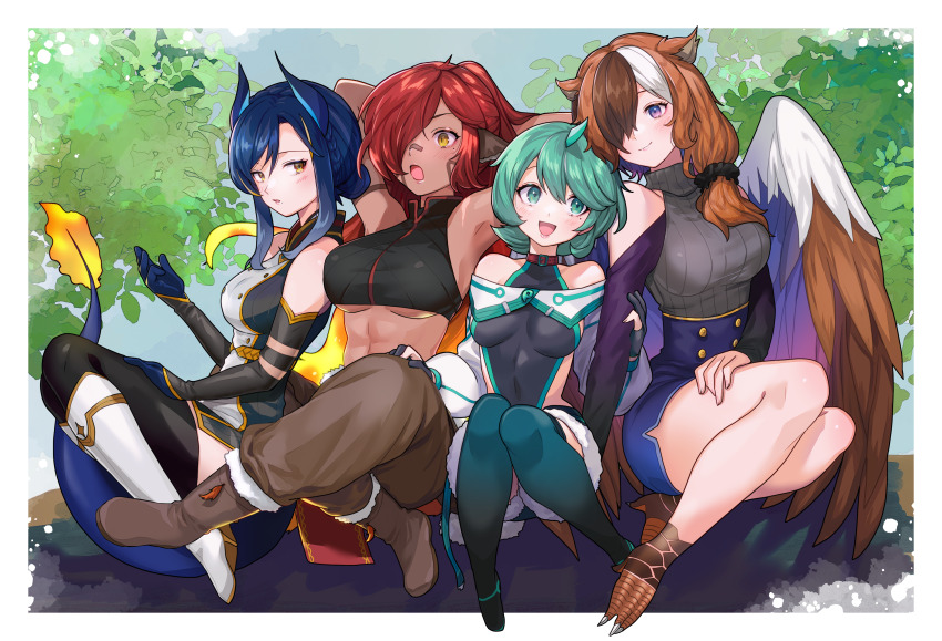 4girls abs absurdres animal_ears animal_feet arms_behind_head bandaid bandaid_on_face bandaid_on_nose bare_shoulders bird_legs bird_wings black_sweater blonde_hair blue_hair blue_horns blue_skirt boots breasts brown_eyes brown_footwear brown_hair brown_pants brown_wings claws closed_mouth clothing_cutout collar colored_inner_hair commission dark-skinned_female dark_skin dragon_girl dragon_tail elbow_gloves estelle_(cieluscian) feathered_wings fiery_hair fire flame-tipped_tail full_body fur-trimmed_boots fur_trim gloves green_background green_eyes green_hair green_horns hair_bun hair_over_one_eye hair_over_shoulder harpy high-waist_skirt highres holding_another&#039;s_arm horns long_hair long_sleeves looking_at_another looking_at_viewer low-tied_long_hair mandarin_collar medium_breasts mole mole_under_eye mole_under_mouth monster_girl multicolored_eyes multicolored_hair multiple_girls off_shoulder open_mouth original outdoors pants partially_fingerless_gloves pink_eyes plant purple_eyes purple_hair purple_wings red_collar red_hair second-party_source short_hair shoulder_cutout sidelocks single_horn sitting skeb_commission skin_tight skirt sleeveless sleeves_past_wrists smile streaked_hair sweater tail thighhighs tokitou_fuji toned turtleneck turtleneck_sweater underboob white_footwear white_hair white_wings wings yellow_eyes