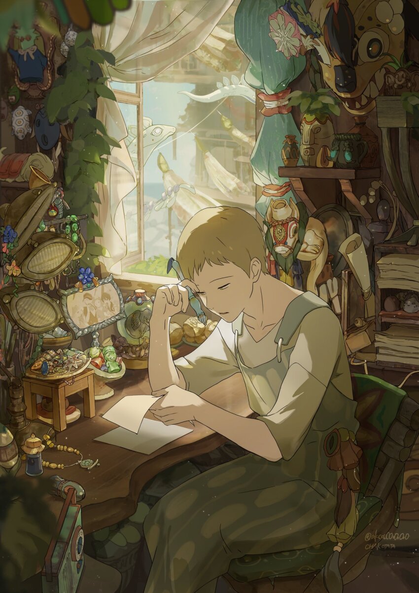 1boy absurdly_detailed_composition backlighting blonde_hair blurry blurry_foreground chair chakotata curtains day desk flower highres holding holding_paper holding_pen indoors jewelry light_particles loaded_interior male_focus mask necklace original overalls paper parted_lips pen photo_(object) radio scroll short_hair short_sleeves sitting solo twitter_username unworn_jewelry unworn_necklace vase window