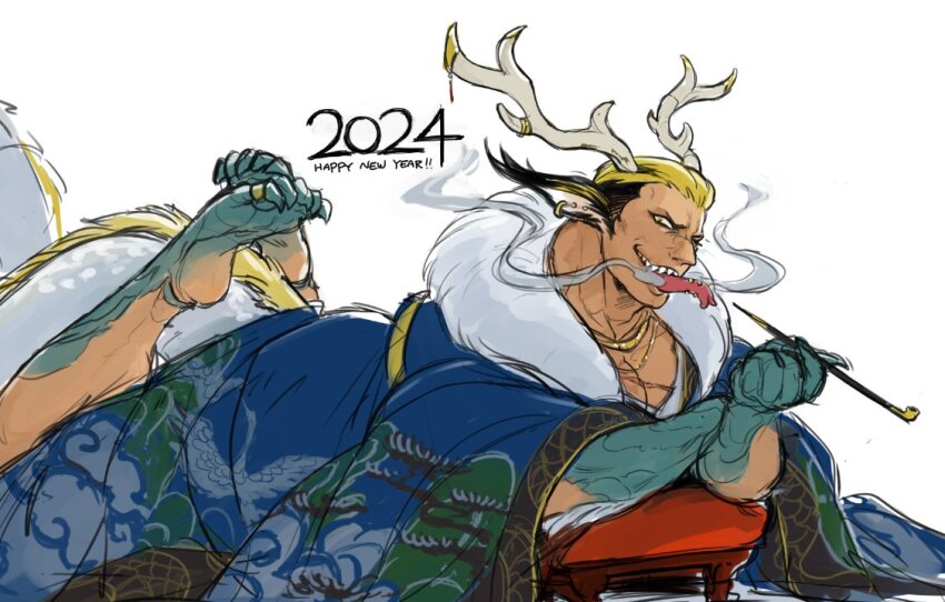 1boy alternate_costume animal_ears antlers bara blonde_hair chinese_zodiac dragon_boy dragon_ears dragon_horns feet feet_up full_body holding holding_smoking_pipe horns large_pectorals limp_wrist long_tongue looking_at_viewer lying male_focus mature_male monster_boy monsterification mouth_trail multicolored_hair muscular muscular_male nipples nyaattoberritto on_stomach pectoral_cleavage pectorals piercing sharp_toenails smile smoke smoking_pipe solo the_king_of_fighters the_pose thick_eyebrows toenails tongue tongue_out tongue_piercing two-tone_hair very_long_ears yamazaki_ryuuji year_of_the_dragon