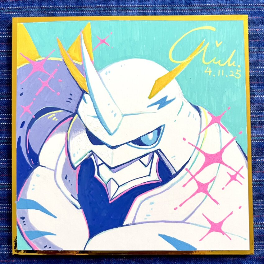 aurola030 blue_background blue_eyes commission dated digimon digimon_(creature) highres mecha missing_commentary omegamon photo_(medium) robot shikishi signature simple_background solo sparkle traditional_media