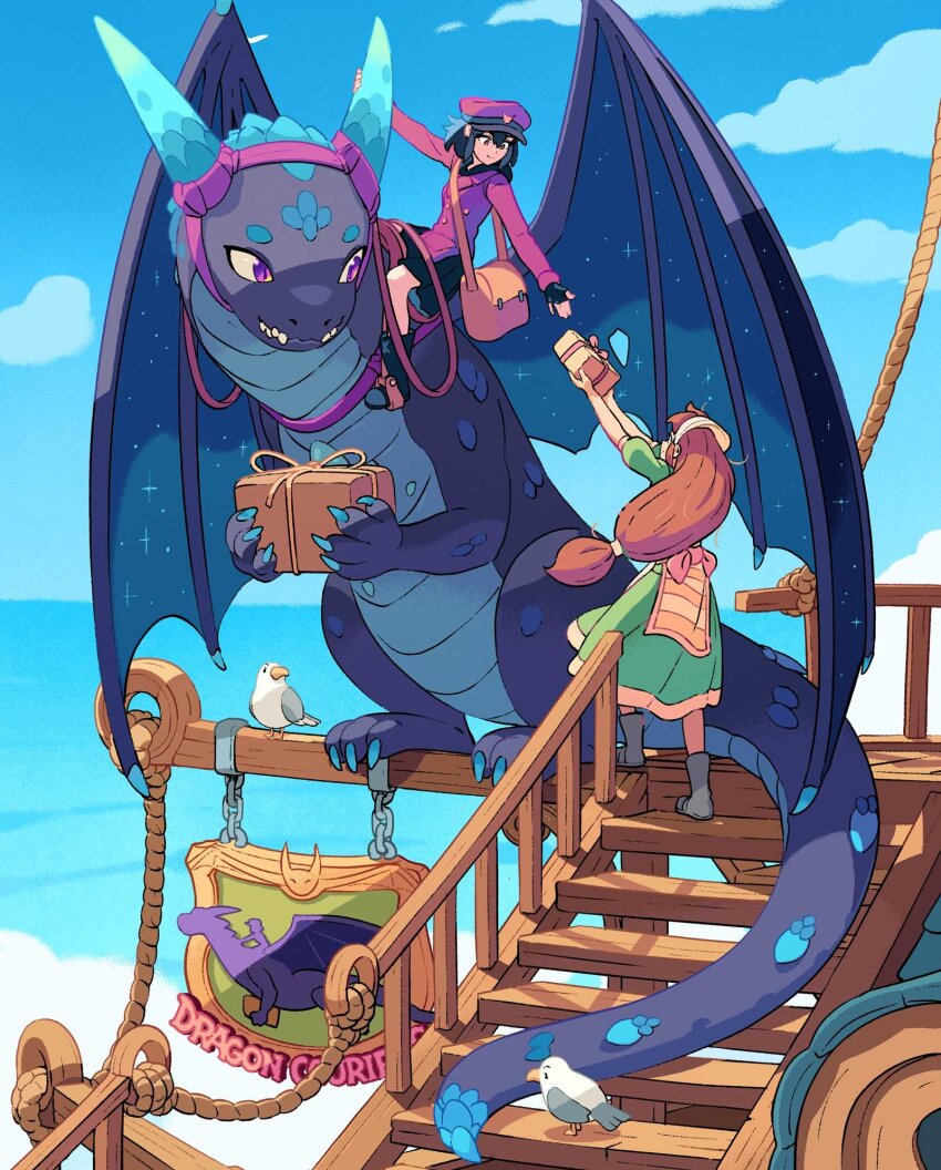 2girls banister bird black_boots black_dress black_gloves black_hair blue_horns blue_sky boots bow box brown_hair claws cloud coat commentary dragon dragon_wings dress english_commentary fingerless_gloves gloves green_dress grey_socks hair_tubes hat headscarf highres holding holding_another&#039;s_horns holding_box horns kevin_hong long_hair looking_at_another mailbag medium_hair multiple_girls ocean on_stairs orange_trim original outdoors outstretched_arms package pink_coat pink_hat purple_eyes purple_scales red_bow red_sash reins riding_dragon rope saddle sandals sash seagull sharp_teeth sign single_hair_tube sky socks sparkle stairs teeth very_long_hair white_headscarf wings