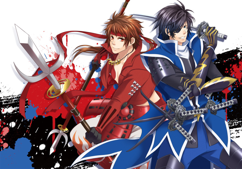 2boys black_gloves black_hair blue_eyes blue_pants brown_hair date_masamune_(sengoku_basara) dual_wielding eyepatch flame_print floating_hair gloves grin headband highres holding holding_polearm holding_sword holding_weapon jacket jewelry katana long_hair looking_at_viewer low_ponytail male_focus multiple_boys necklace no_headwear no_shirt paint_splatter pants polearm ponytail red_eyes red_headband red_jacket sanada_yukimura_(sengoku_basara) sengoku_basara sheath sheathed short_hair smile spear sword warabi_(waradoko) weapon white_pants