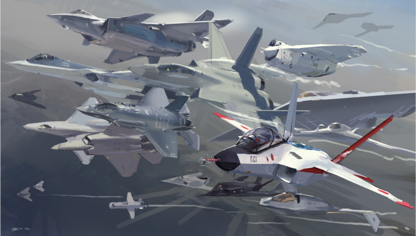 aircraft airplane artist_name attack_aircraft b-2_spirit boeing_bird_of_prey boeing_x-32 boeing_x-45 bomber chengdu_j-20 dated f-117 f-117_nighthawk f-22 f-22_raptor f-35 f-35_lightning_ii fighter_jet flying heavy_bomber hjl j-20 lockheed_have_blue military military_vehicle mitsubishi_atd-x no_humans original penetrator_(aircraft) realistic shenyang_j-31 stealth stealth_aircraft stealth_attack_aircraft stealth_bomber strategic_bomber su-57 vehicle_focus x-32 x-45 yf-23 yf-23_black_widow_ii