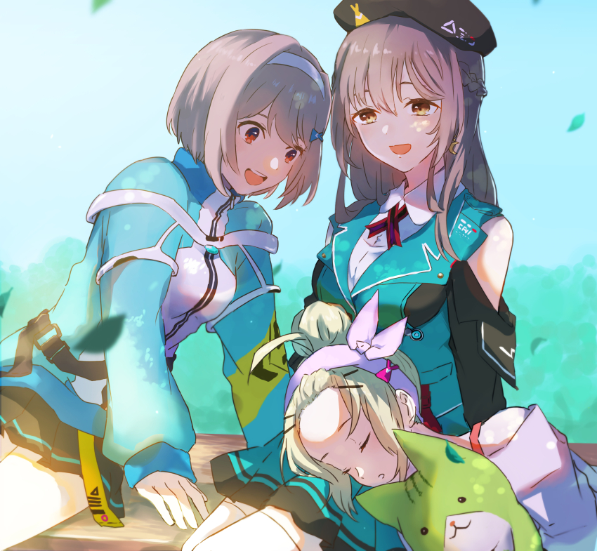 3girls absurdres ahoge bench beret blonde_hair bow_hairband braid breasts brown_hair hair_bun hair_ornament hairband half_up_braid hat heaven_burns_red highres lap_pillow long_hair multiple_girls ooshima_ichiko ooshima_muua ooshima_yotsuha outdoors red_eyes shiinauniko short_hair siblings sisters yellow_eyes
