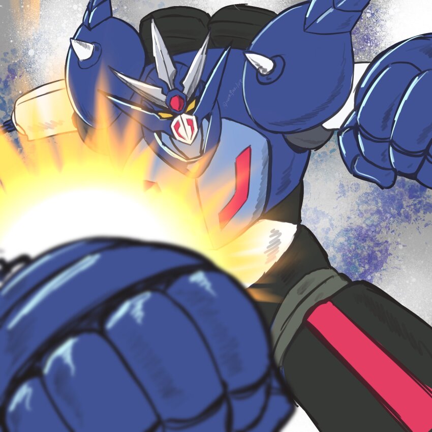 abstract_background anniversary armor black_armor blue_armor disembodied_hand facing_viewer getter_robo highres incoming_attack incoming_punch mecha mecha_focus multicolored_armor mura9mo neo_getter-1 no_humans punching robot rocket_punch science_fiction shin_getter_robo_vs_neo_getter_robo shoulder_spikes spikes super_robot yellow_eyes