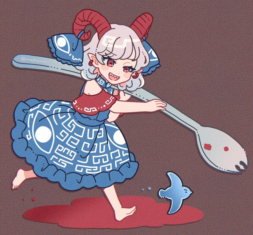 1girl :d bare_shoulders barefoot blue_dress blue_ribbon blush_stickers commentary_request curly_hair detached_sleeves dress earrings eye_print full_body grey_hair holding holding_spork horn_ornament horn_ribbon horns jewelry meandros mozukuzu_(manukedori) open_mouth oversized_object pointy_ears red_eyes red_horns red_sleeves ribbon running sharp_teeth sheep_horns short_hair short_sleeves sleeveless sleeveless_dress smile solo spork teeth touhou toutetsu_yuuma upper_teeth_only