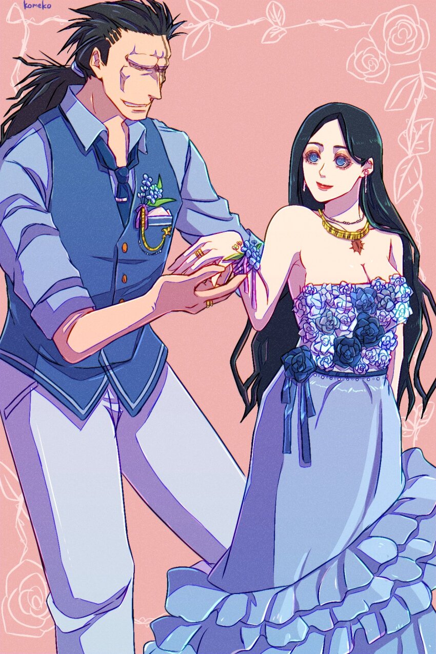 1boy 1girl artist_name bare_shoulders black_hair bleach blue_dress blue_eyes blue_necktie blue_shirt breasts cleavage closed_mouth collarbone corsage cowboy_shot dress dress_flower earrings floral_background flower frilled_dress frills grey_pants hair_tie highres holding_hands jewelry large_breasts long_dress long_hair low_ponytail necklace necktie pants parted_bangs parted_lips pink_background ponytail scar scar_across_eye scar_on_face shirt smile strapless strapless_dress strikek-lvvjm27 tie_clip unohana_retsu vest waistcoat zaraki_kenpachi
