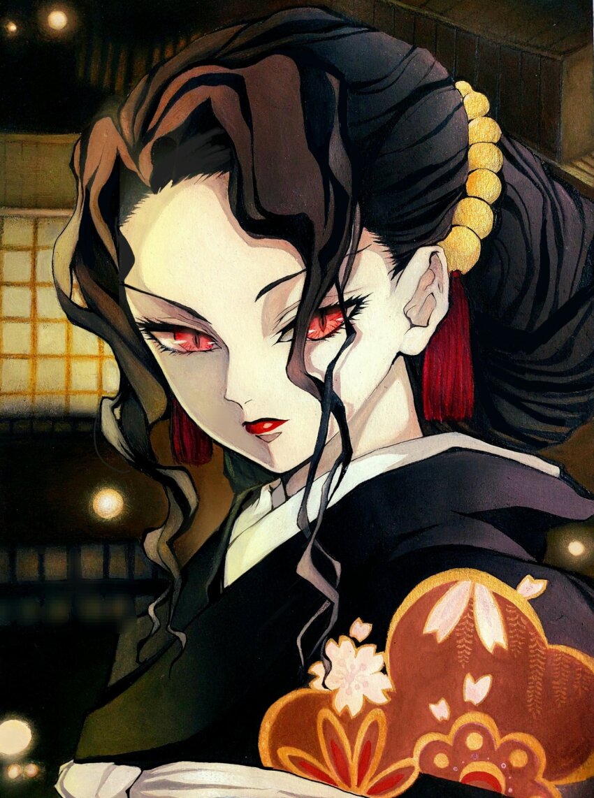 1girl black_hair black_kimono drew_docc floral_print genderswap genderswap_(mtf) highres japanese_clothes kibutsuji_muzan kibutsuji_muzan_(female) kimetsu_no_yaiba kimono red_eyes red_lips slit_pupils solo