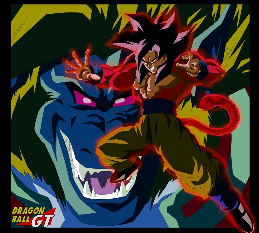 absurdres aura baby_vegeta dragon_ball dragon_ball_gt fighting fighting_stance golden_oozaru highres muscular muscular_male red_fur serious smile son_goku tagme tail