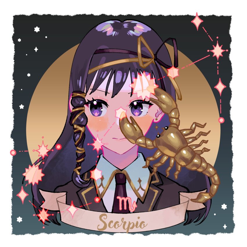 1girl akemi_homura animal black_hair black_jacket border braid collar constellation cropped_shoulders earrings facing_viewer formal_clothes hair_ribbon headband highres jacket jewelry long_hair looking_away mahou_shoujo_madoka_magica mahou_shoujo_madoka_magica_(anime) necktie personification purple_eyes ribbon scorpio_(symbol) scorpio_(zodiac) scorpion scorpius_(constellation) single_braid solo star_(symbol) text_focus white_border yooki_(winter_cakes) zodiac