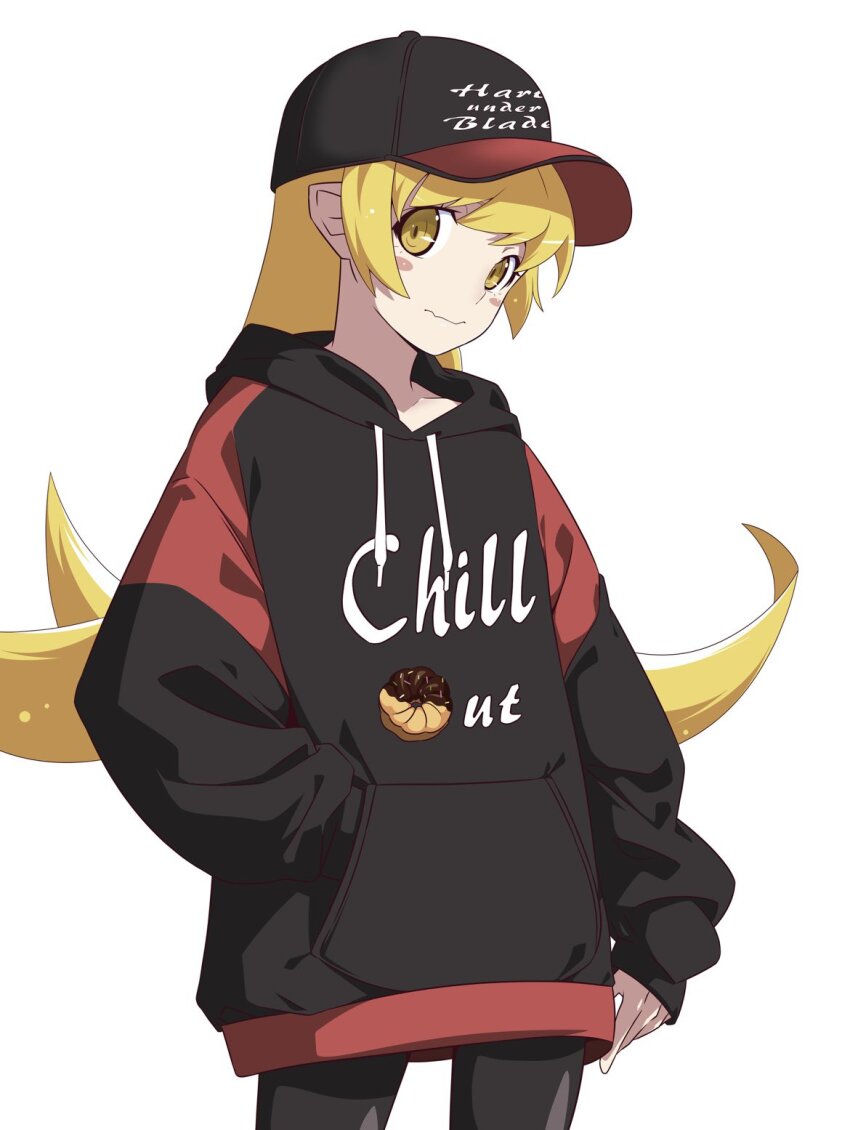 1girl alternate_costume anime_coloring arm_at_side baseball_cap black_hat black_hoodie black_pantyhose blonde_hair blush_stickers casual child closed_mouth clothes_writing collarbone color_coordination commentary_request cowboy_shot drip_(meme) english_text engrish_text fang fang_out fashion flat_chest food_print guchiknight hand_in_pocket hat highres hood hood_down hoodie light_smile long_hair looking_at_viewer meme monogatari_(series) nearly_naked_hoodie nisemonogatari oshino_shinobu pantyhose ranguage red_hat red_hoodie sideways_glance simple_background skin_fang solo standing streetwear two-tone_hat two-tone_hoodie wavy_mouth white_background yellow_eyes