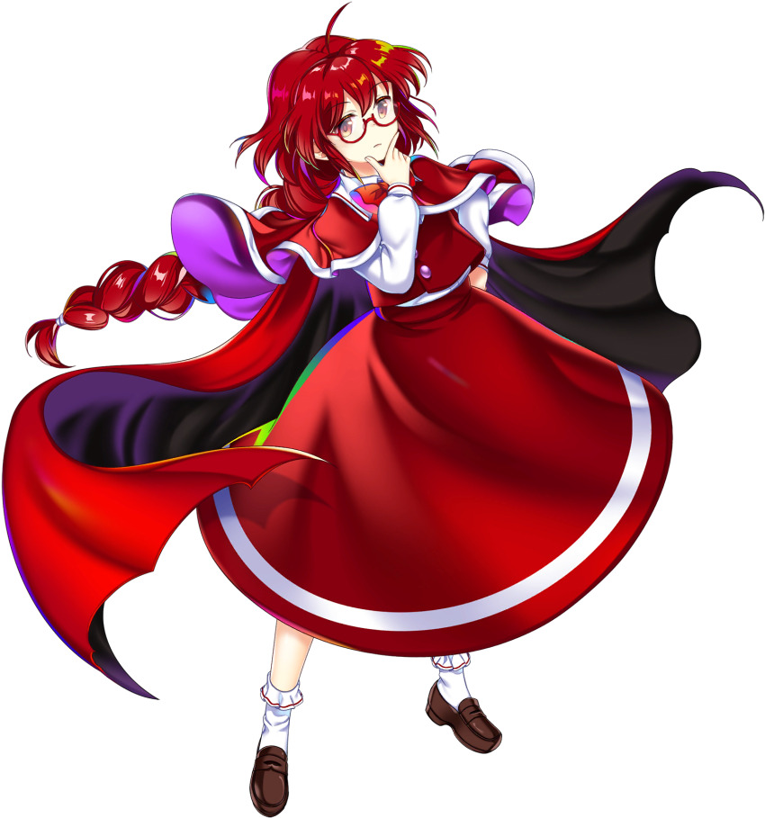 1girl capelet full_body game_cg glasses highres long_sleeves looking_at_viewer official_art okazaki_yumemi red_capelet red_eyes red_hair red_skirt rotte_(1109) skirt solo third-party_source touhou touhou_(pc-98) touhou_lostword