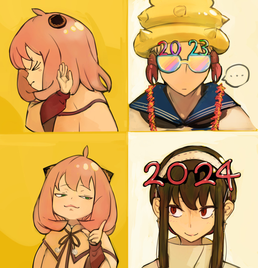&gt;_&lt; ... 1boy 2023 2024 2girls anya_(spy_x_family) blue_sailor_collar capelet commentary crab_on_head drakeposting_(meme) hairband hairpods higemu highres meme multiple_girls sailor_collar smile spoken_ellipsis spy_x_family sunglasses twilight_(spy_x_family) white_hairband yor_briar