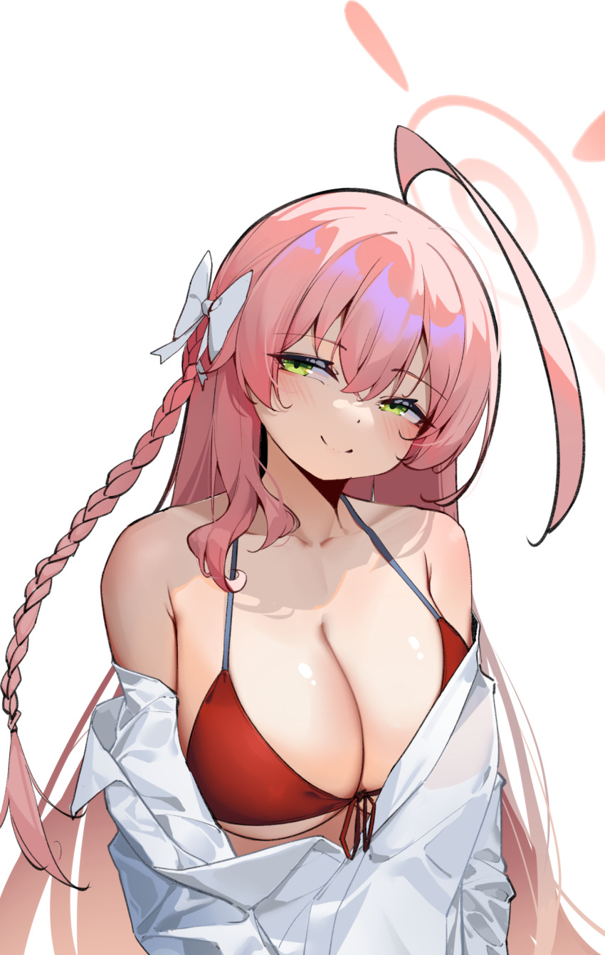 1girl ahoge bare_shoulders bikini blue_archive blush bow braid breasts cleavage closed_mouth collarbone green_eyes hair_bow halo halterneck hanako_(blue_archive) hanako_(swimsuit)_(blue_archive) highres large_breasts long_hair long_sleeves looking_at_viewer off_shoulder official_alternate_costume open_clothes open_shirt painterliuhao pink_hair pink_halo red_bikini shirt simple_background single_braid smile solo swimsuit very_long_hair white_background white_shirt