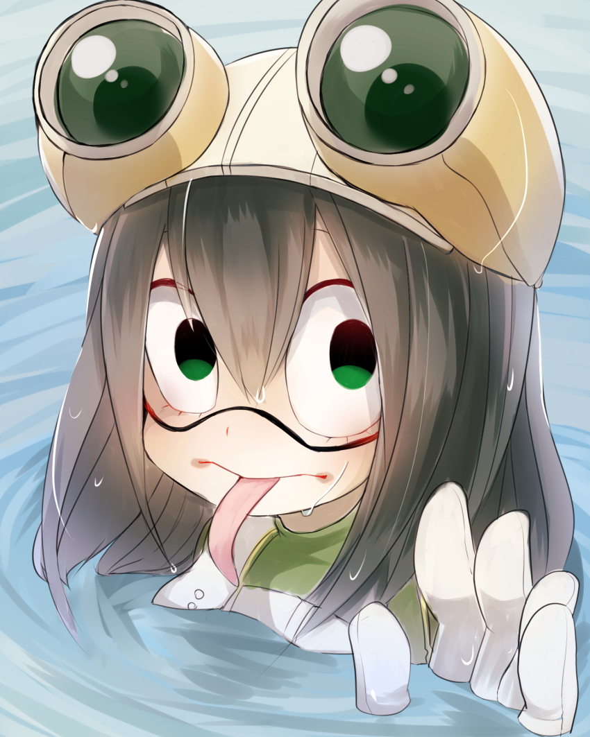 1girl asui_tsuyu black_hair boku_no_hero_academia commentary_request gloves green_eyes hair_between_eyes hat highres long_hair long_tongue looking_at_viewer partially_submerged reirou_(chokoonnpu) ripples solo tongue tongue_out white_gloves