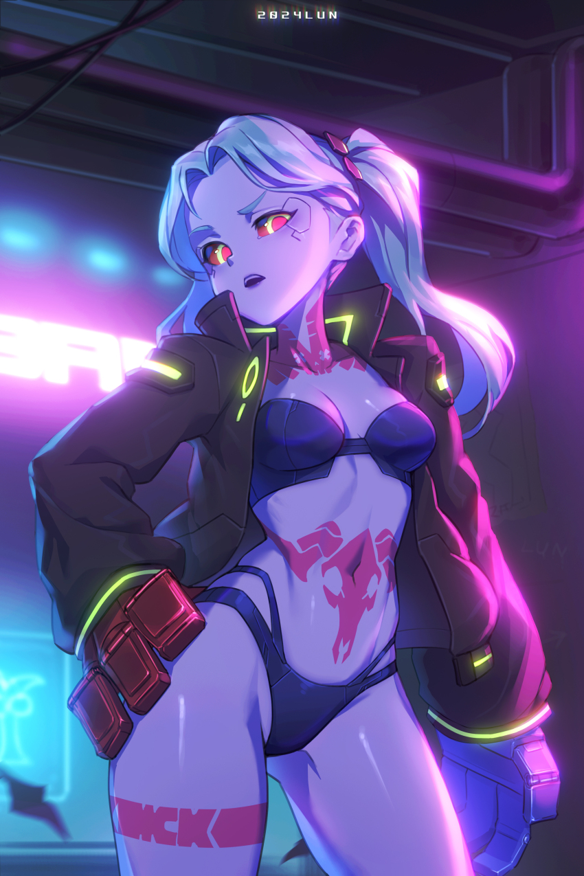 1girl absurdres aqua_hair black_jacket blue_bra blue_panties bra breasts colored_sclera colored_skin cyberpunk_(series) cyberpunk_edgerunners fewer_digits glowing hand_on_own_hip highres jacket leg_tattoo long_hair long_sleeves lunn mismatched_arms navel neon_lights open_clothes open_jacket oversized_forearms oversized_limbs panties raised_eyebrow rebecca_(cyberpunk) red_pupils red_sclera samurai_jacket_(cyberpunk) shiny_skin small_breasts solo stomach_tattoo strapless strapless_bra tattoo thong twintails underwear white_skin wide_hips wide_sleeves yellow_eyes