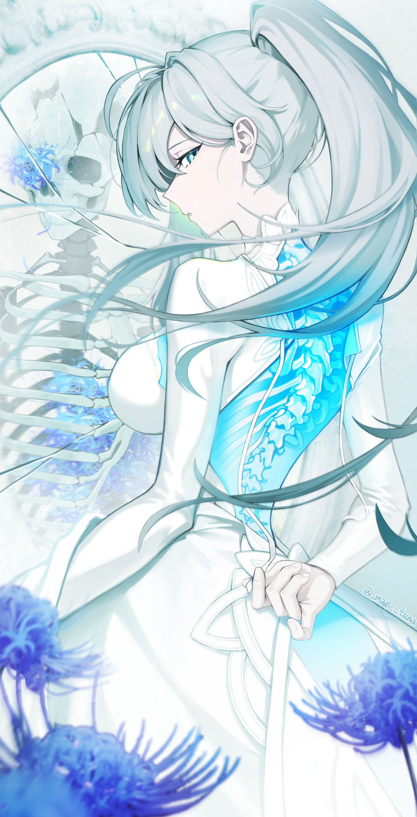 1girl absurdres ahoge blue_eyes blue_flower bone breasts broken_skull different_reflection dress flower flower_in_eye from_behind glowing grey_hair high_ponytail highres ine_(vtuber) large_breasts long_hair looking_at_viewer magictuna mirror open_clothes open_dress parted_lips ponytail reflection ribs see-through_body skeleton skull spider_lily spine symbol_in_eye twitter_username very_long_hair waktaverse white_dress