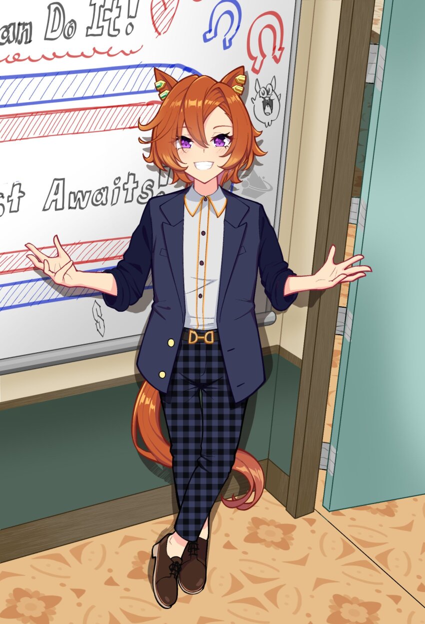 1girl animal_ears blue_jacket blue_pants brown_shoes collared_shirt commentary cool_s crossed_ankles door dress_shirt english_commentary english_text formal_clothes grin hands_up highres horse_ears horse_girl horse_tail indoors jacket medium_hair meme meme_request mouhantain open_clothes open_jacket orange_hair pants plaid_clothes plaid_pants purple_eyes shirt shoes smile solo standing suit t.m._opera_o_(umamusume) tail umamusume white_shirt whiteboard