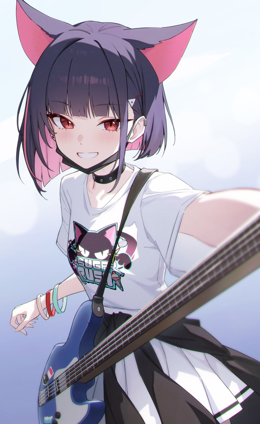 1girl absurdres animal_ears black_choker black_hair black_mask blue_archive breasts cat_ears choker clothes_around_waist colored_inner_animal_ears colored_inner_hair commentary_request cowboy_shot extra_ears grin guitar highres instrument jacket jacket_around_waist kazusa_(band)_(blue_archive) kazusa_(blue_archive) looking_at_viewer mask mask_pull mouth_mask multicolored_hair no_halo official_alternate_costume pink_hair pleated_skirt print_shirt red_eyes shali shirt short_hair short_sleeves simple_background skirt small_breasts smile solo studded_choker t-shirt white_shirt white_skirt wristband