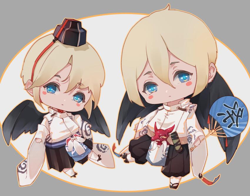 1boy absurdres black_feathers black_hakama black_headwear black_wings blonde_hair blue_eyes blush chibi circle closed_mouth feathered_wings feathers geta grey_background hair_between_eyes hakama hakama_pants hand_fan highres holding holding_fan japanese_clothes kariginu long_sleeves looking_at_viewer mask unworn_mask multiple_views onmyoji ootengu_(onmyoji) pants paper_fan short_hair tengu-geta tengu_mask uchiwa wide_sleeves wings yi_er_san