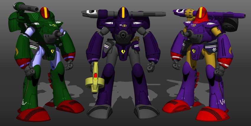 3d alien armor boddole_zer cannon choujikuu_yousai_macross comparison emblem energy_gun highres macross mecha no_humans nousjadeul-ger power_armor quamzin_kravshera ray_gun robot science_fiction shadow tyo0911 weapon zentradi