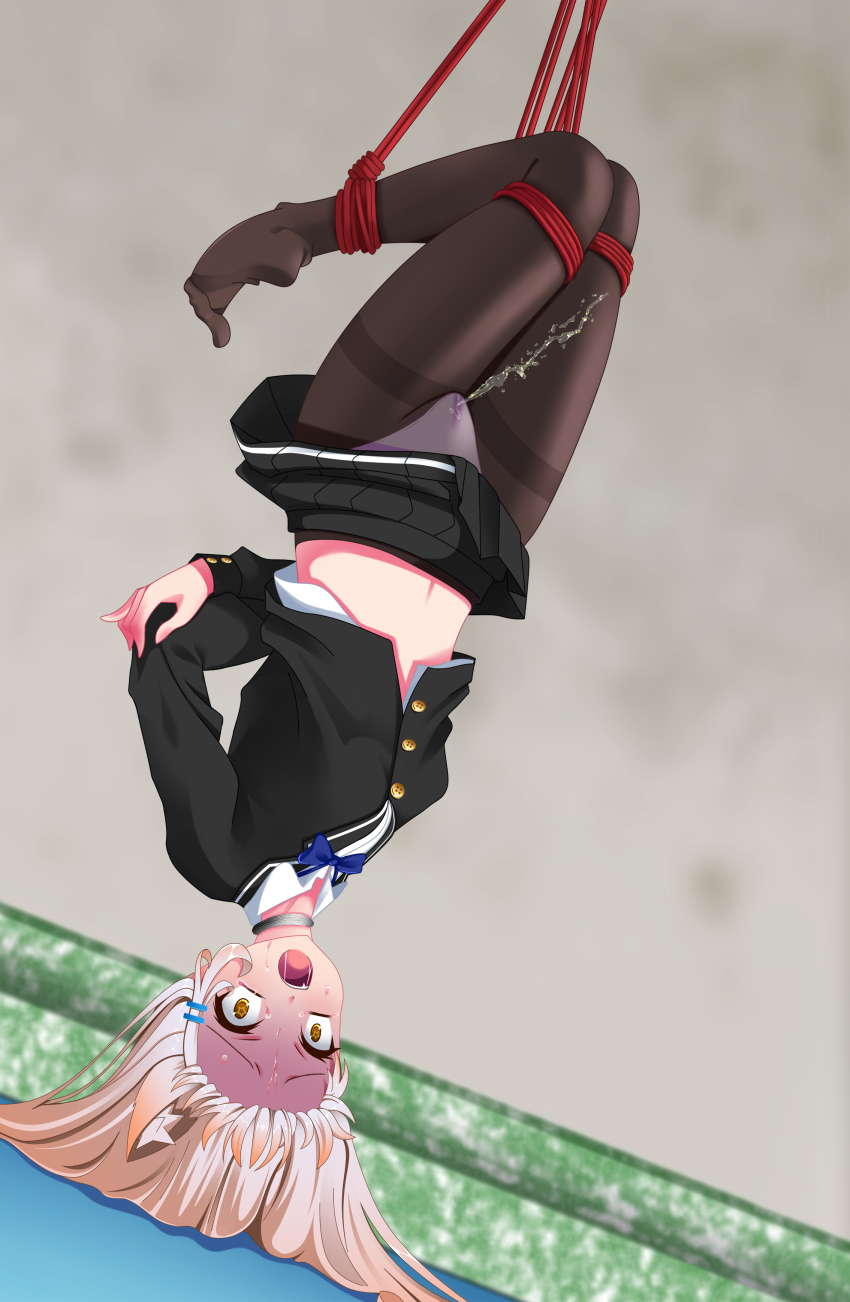 1girl absurdres arms_behind_back asphyxiation bdsm black_skirt blonde_hair blue_bow blush bondage bound bow bowtie breasts choking hair_ornament hairclip highres long_hair midriff open_mouth original panties panties_under_pantyhose pantyhose peeing peril pleated_skirt punishment purple_panties red_rope restrained rope school_uniform skirt solo strangulation suspension thighband_pantyhose top-down_bottom-up underwear wide-eyed