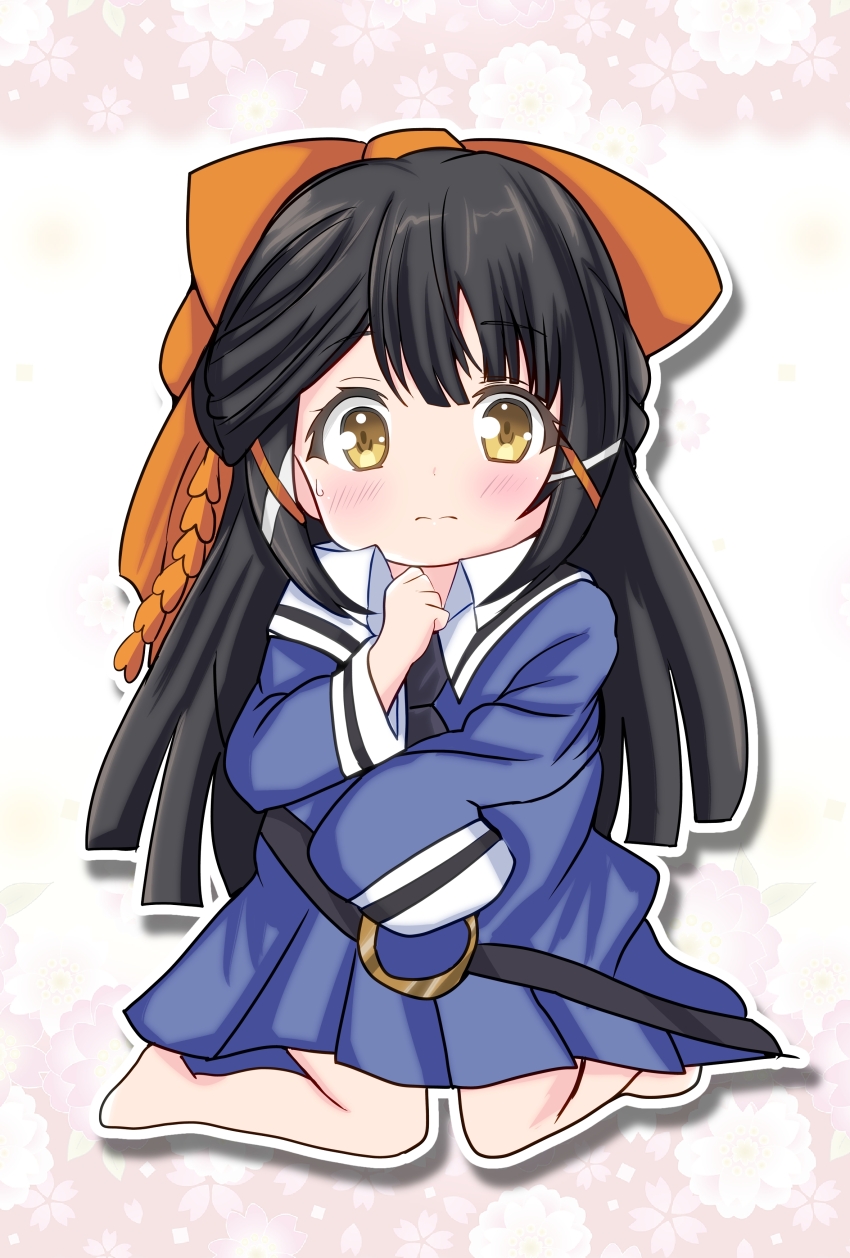 1girl absurdres age_regression aged_down assault_lily barefoot belt black_belt black_hair black_necktie blue_jacket blue_skirt blunt_ends blush bow child closed_mouth commentary ebisu_nobu floral_background full_body hair_bow hair_ornament half_updo hands_up highres jacket kneeling knees_together_feet_apart long_hair long_sleeves looking_at_viewer loose_belt miniskirt necktie o-ring o-ring_belt odaiba_girls_high_school_uniform orange_bow outline oversized_clothes pink_background pleated_skirt school_uniform skirt sleeves_past_fingers sleeves_past_wrists solo sweatdrop tsukioka_momiji two-tone_background white_background white_outline x_hair_ornament yellow_eyes