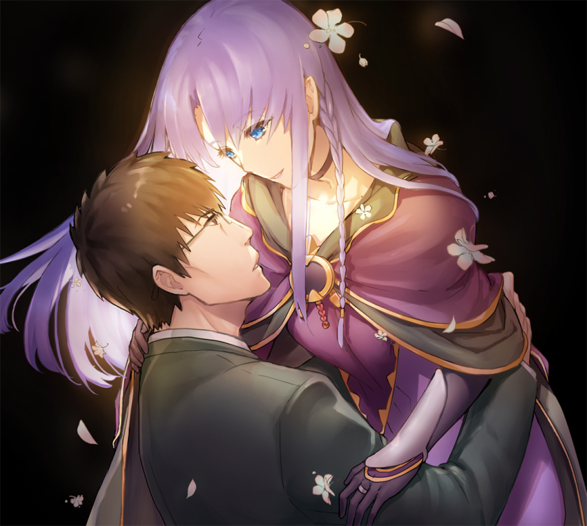 1boy 1girl black_background black_jacket blue_eyes brown_eyes brown_hair capelet carrying choker collarbone couple dress eye_contact fate/stay_night fate_(series) floating_hair glasses jacket jewelry kuzuki_souichirou long_hair long_sleeves looking_at_another medea_(caster)_(fate) medea_(fate) parted_lips purple_capelet purple_dress purple_hair ring simple_background smile touyama_sabu very_long_hair wedding_ring