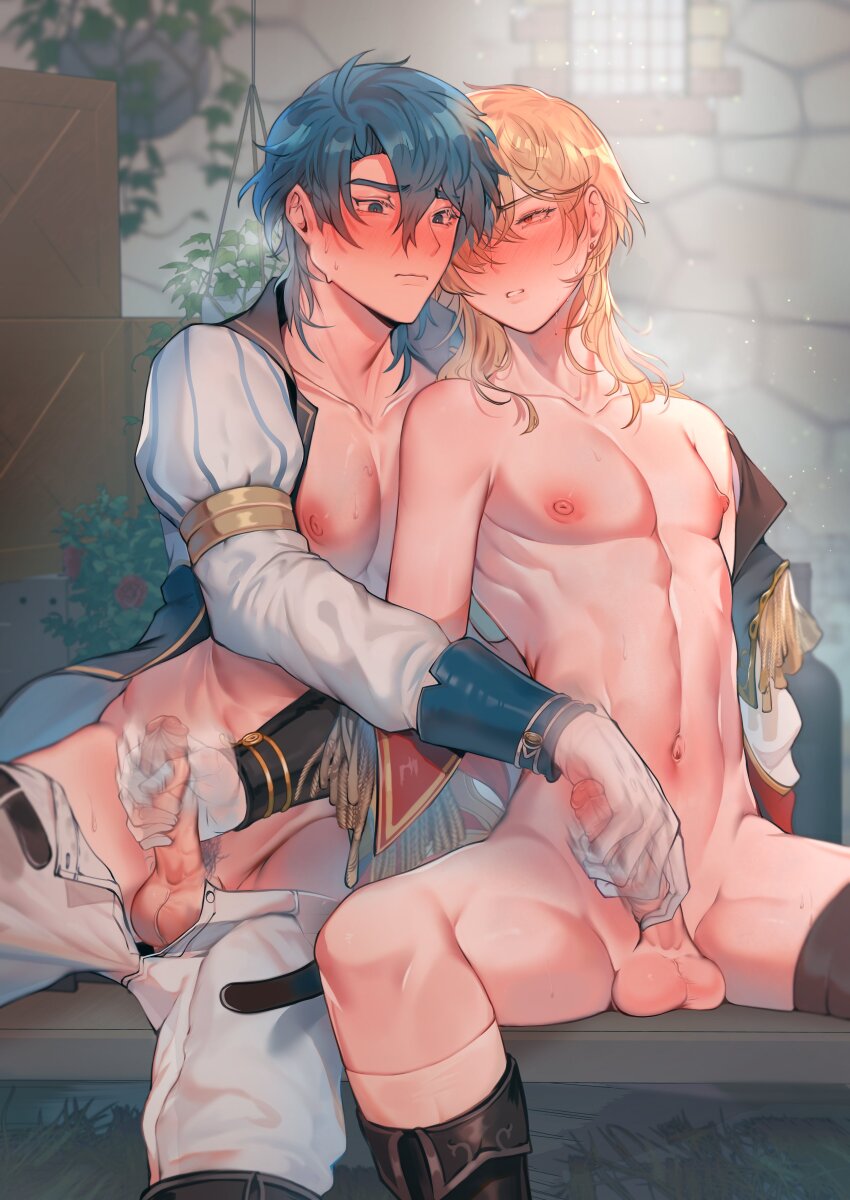 2boys abs absurdres bare_pectorals belt black_belt black_footwear blonde_hair blue_hair blue_pubic_hair blush boots byefrog closed_mouth coat coat_on_shoulders collarbone colored_pubic_hair commentary eldigan_(fire_emblem) english_commentary erection fire_emblem fire_emblem:_genealogy_of_the_holy_war foreskin full-face_blush gloves groin hair_between_eyes handjob highres long_hair long_sleeves looking_at_another looking_at_penis male_focus male_pubic_hair motion_lines multiple_boys mutual_masturbation navel nervous_sweating nintendo nipples open_belt open_clothes open_pants open_shirt outdoors pants parted_lips pectorals penis plant pubic_hair sigurd_(fire_emblem) sitting sleeve_cuffs spread_legs sweat sweatdrop tassel testicles uncensored wavy_mouth white_gloves white_pants yaoi