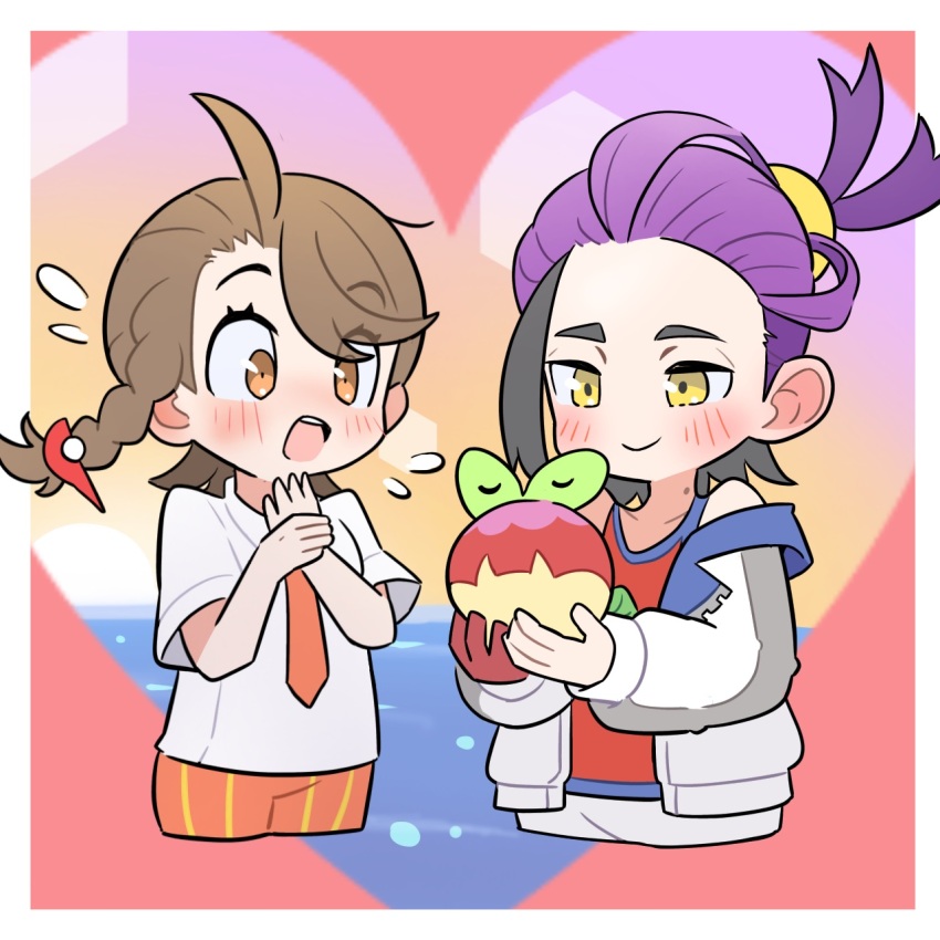 1boy 1girl applin black_hair blush braid brown_hair chibi closed_eyes cropped_legs flying_sweatdrops gen_8_pokemon hair_ornament heart highres holding holding_pokemon jacket juliana_(pokemon) kieran_(pokemon) long_sleeves mole mole_on_neck multicolored_hair naranja_academy_school_uniform nintendo open_clothes open_jacket open_mouth orange_eyes pokemon pokemon_(creature) pokemon_sv purple_hair red_tank_top rgurei0529 school_uniform short_sleeves shorts smile tank_top white_jacket yellow_eyes