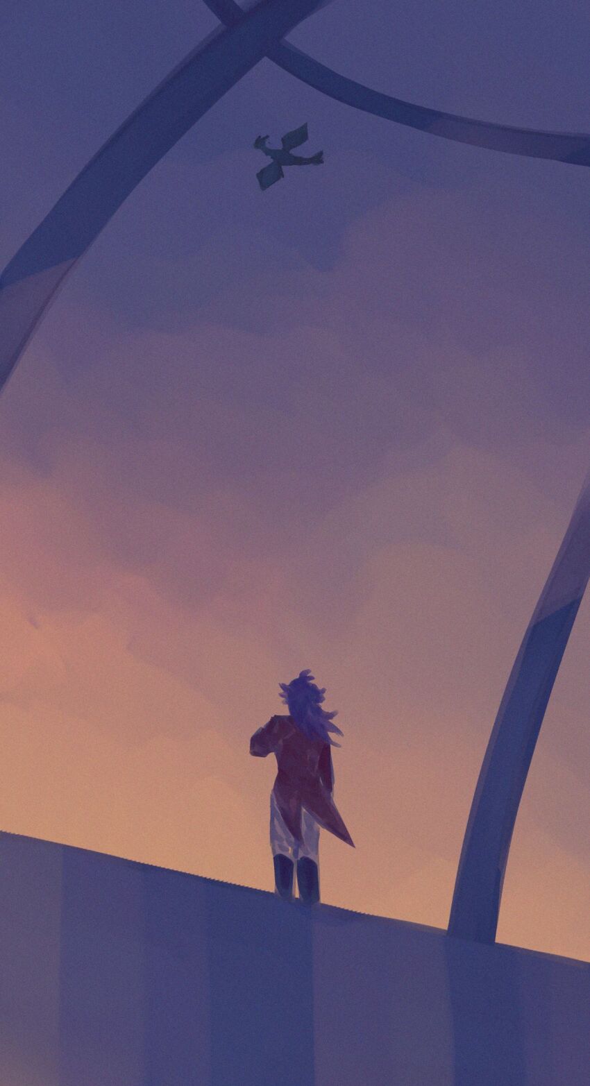 1boy boots chiyo_(miichiyochin) commentary creatures_(company) dome facing_away flygon from_behind game_freak gen_3_pokemon highres indoors jacket leon_(pokemon) long_sleeves male_focus nintendo outdoors pants pink_sky pokemon pokemon_swsh purple_hair red_jacket sky solo sunset tailcoat white_pants