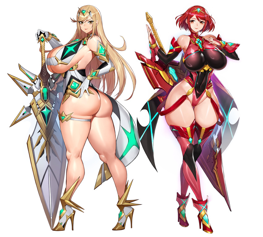 2girls aegis_sword_(xenoblade) ass bare_shoulders blonde_hair blush breasts chest_jewel cleavage cleavage_cutout clothing_cutout core_crystal_(xenoblade) dress earrings floating_earrings gem gloves gurimjang hand_on_hilt hand_to_weapon headpiece high_heels highres huge_ass huge_breasts impossible_clothes jewelry kneepits large_breasts long_hair looking_at_viewer microdress multiple_girls mythra_(xenoblade) pyra_(xenoblade) red_eyes red_hair red_shorts short_hair shorts smile swept_bangs thighhighs tiara twisted_torso very_long_hair weapon wide_hips xenoblade_chronicles_(series) xenoblade_chronicles_2 yellow_eyes
