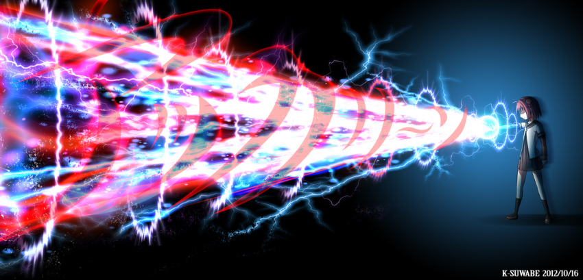 1girl akaza_akari beam dress electricity energy energy_beam energy_ring female_focus k-suwabe particles sailor_dress school_uniform serafuku shaded_face shadow solo translated yuru_yuri
