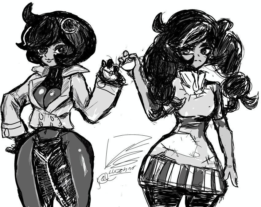 2girls absurdres emma_(pokemon) highres luzennon multiple_girls nintendo pantyhose poke_ball pokemon pokemon_legends:_z-a pokemon_xy self-upload sketch wide_hips