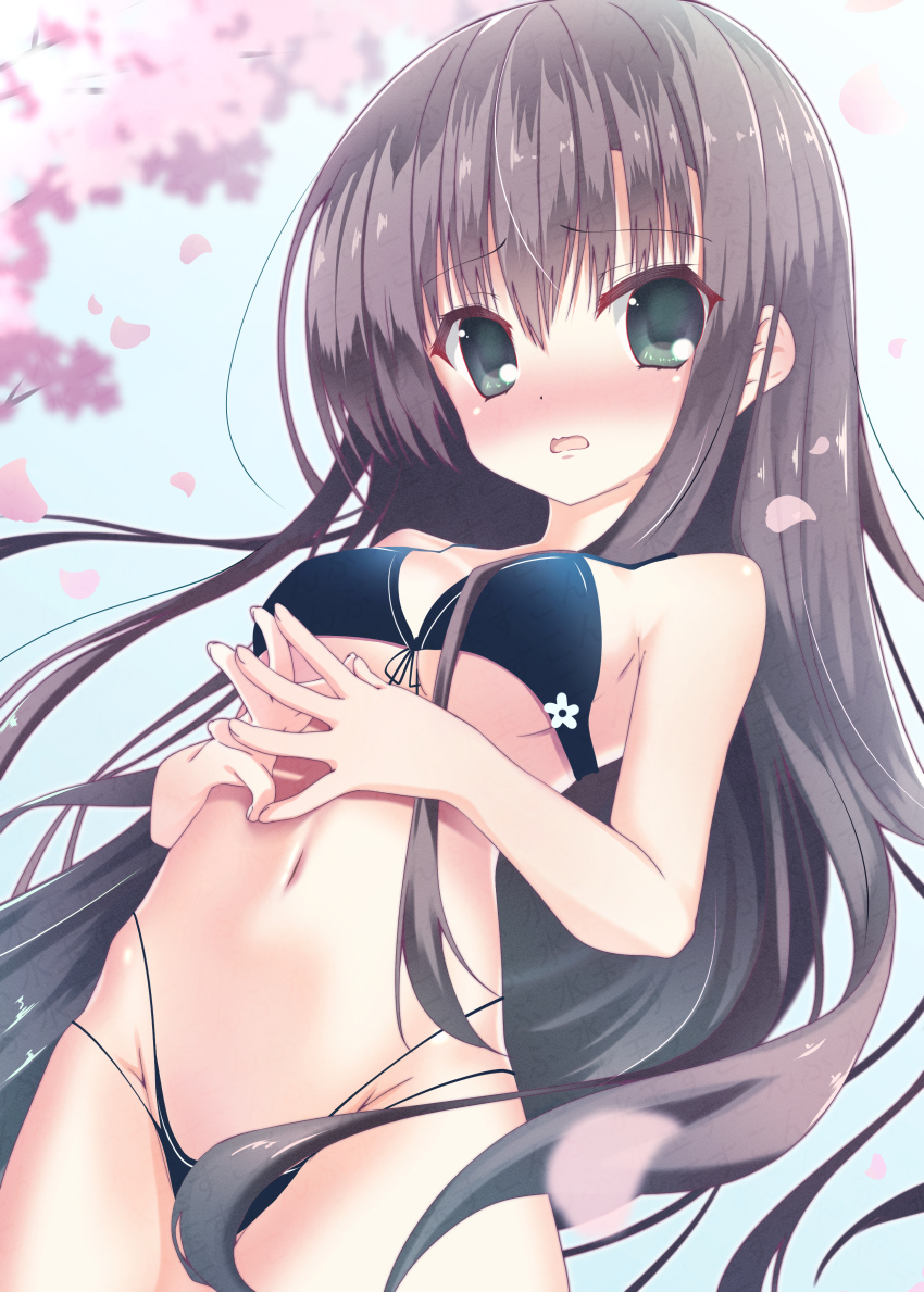1girl absurdres alternate_costume bikini black_bikini black_hair blurry blush breasts cherry_blossoms commentary cowboy_shot day depth_of_field dutch_angle embarrassed eyes_visible_through_hair falling_petals fang floating_hair from_below front-tie_bikini_top front-tie_top furrowed_brow green_eyes groin hair_between_eyes hands_up highleg highleg_bikini highres long_hair looking_at_viewer multi-strapped_bikini_bottom natsume_ai navel nose_blush open_mouth outdoors own_hands_together petals sakura_no_toki sakura_no_uta skin_fang small_breasts solo steepled_fingers sukonbu385 swimsuit underboob variant_set very_long_hair watermark
