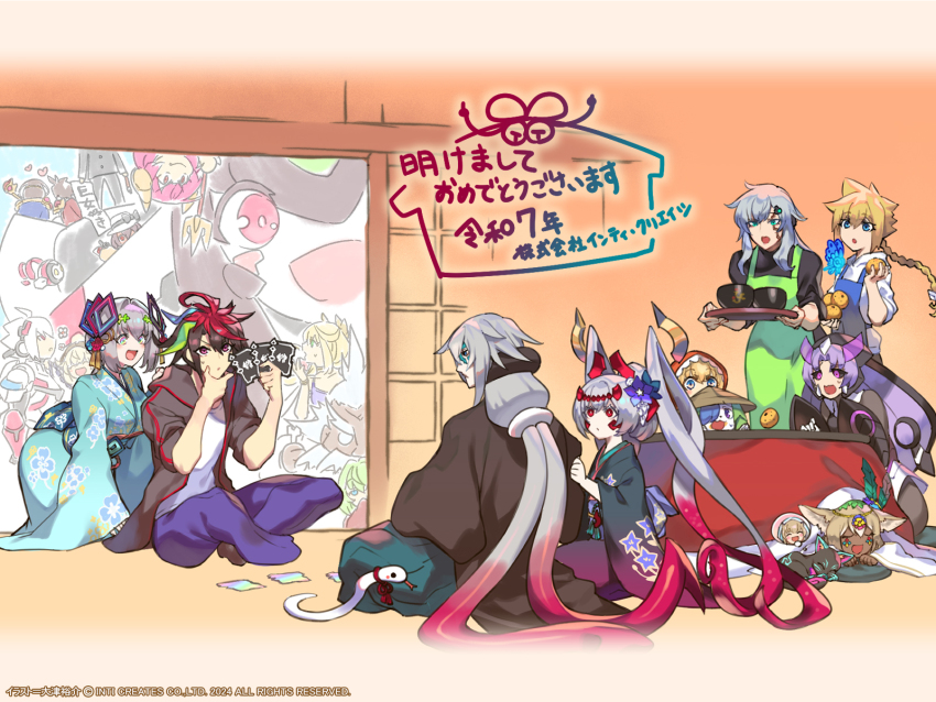 acura_(gunvolt) azure_striker_gunvolt azure_striker_gunvolt_3 black_hair black_jacket blonde_hair blue_kimono blue_pants breasts card-en-ciel cat character_request chinese_zodiac gal_gun_(series) green_hair grey_hair group_picture gunvolt highres jacket japanese_clothes kimono kuon_(umbraclaw) kurona_(galgun) large_breasts long_hair multicolored_hair multiple_boys multiple_girls nanakt_selevan neon_(card-en-ciel) new_year official_art pants red_hair rita_(card-en-ciel) roro_(combat_pod)_(gunvolt) shirt sleeping snake two-tone_hair umbraclaw very_long_hair white_shirt white_snake year_of_the_snake