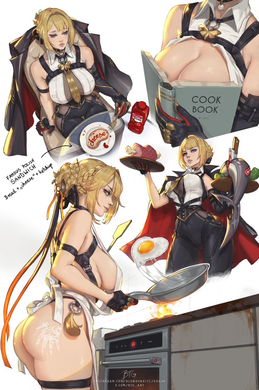 1girl absurdres apron ass black_gloves black_jacket blonde_hair blondynkitezgraja blue_eyes boned_meat boobs_in_book_(meme) braid braided_bun bread bread_slice breasts breasts_out cleavage commentary cookbook english_commentary english_text evelyn_chevalier fire flipping_food food fork fried_egg frying_pan gloves hair_bun highres holding holding_frying_pan holding_tray huge_ass jacket ketchup ketchup_bottle large_breasts meat meme multiple_views naked_apron necktie on_chair shirt sitting slap_mark stove tray white_shirt yellow_necktie zenless_zone_zero