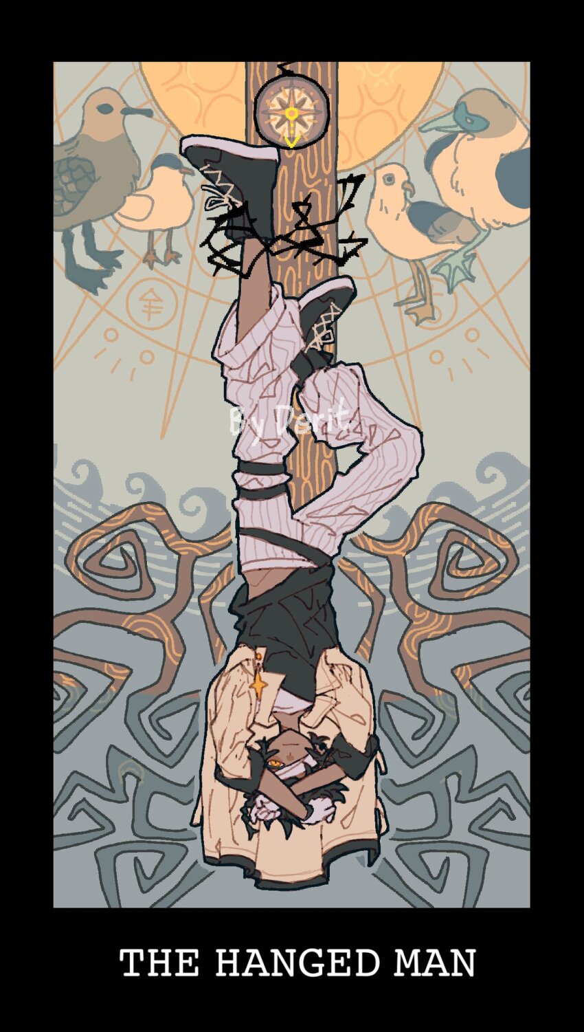 arknights bird black_footwear black_hair compass gloves highres huiqiu9 pants tarot the_hanged_man_(tarot) thorns thorns_(arknights) upside-down white_pants