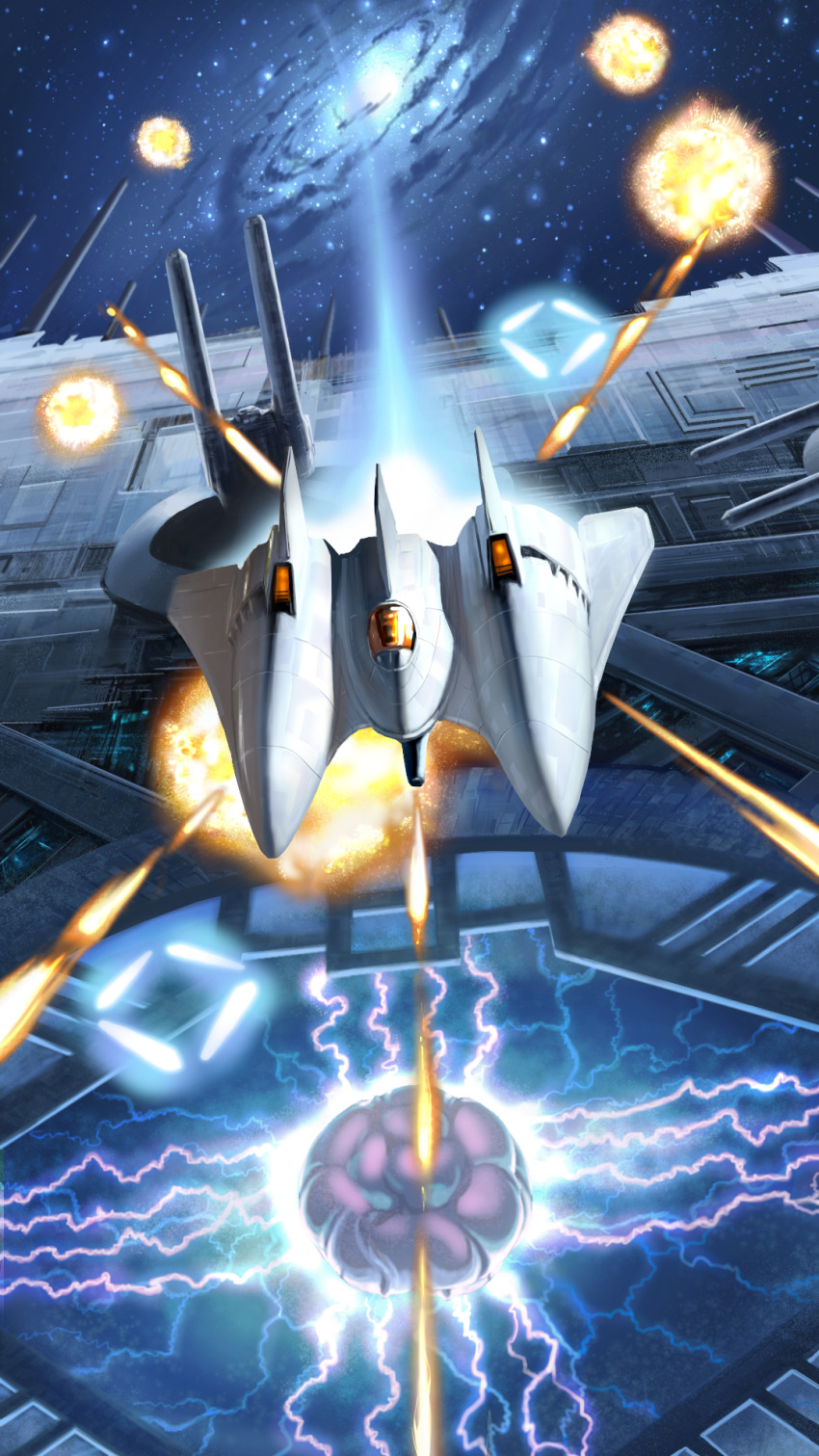 battle copyright_request energy_cannon flying galaxy gradius highres lightning machine military military_vehicle no_humans oggy_(oggyoggy) retro_artstyle science_fiction space spacecraft starfighter