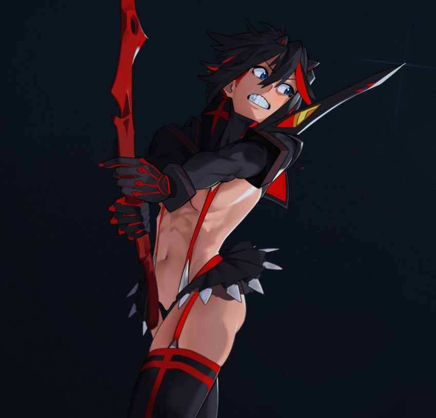 1girl breasts highres hong_doo kill_la_kill korean_commentary life_fiber living_clothes matoi_ryuuko multicolored_hair revealing_clothes scissor_blade_(kill_la_kill) senketsu short_hair solo stomach suspenders thighs two-tone_hair