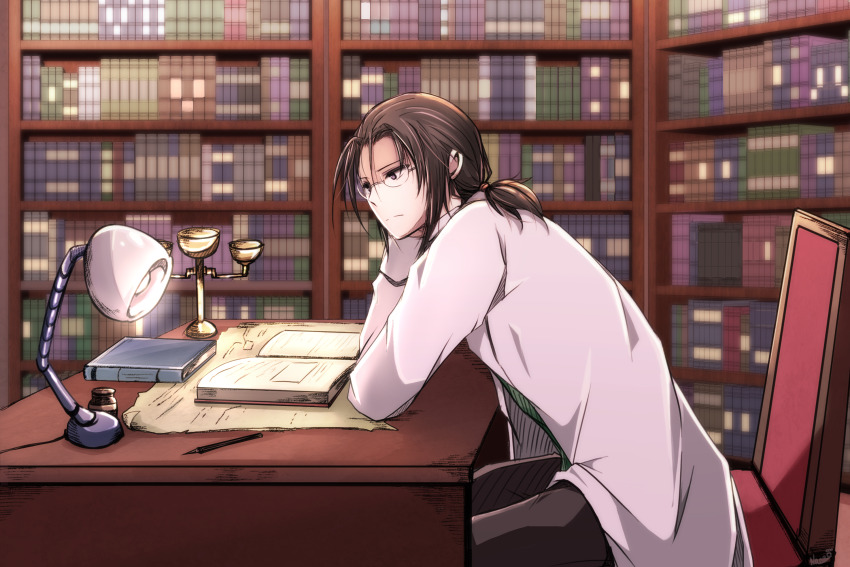 1boy black_pants book bookshelf closed_mouth desk desk_lamp final_fantasy final_fantasy_vii glasses green_shirt hair_tie head_on_hand highres jacket lab_coat lamp library low_ponytail male_focus nanao_(zonzonsh) open_book pants ponytail professor_houjou shirt sitting solo upper_body weighing_scale white_jacket