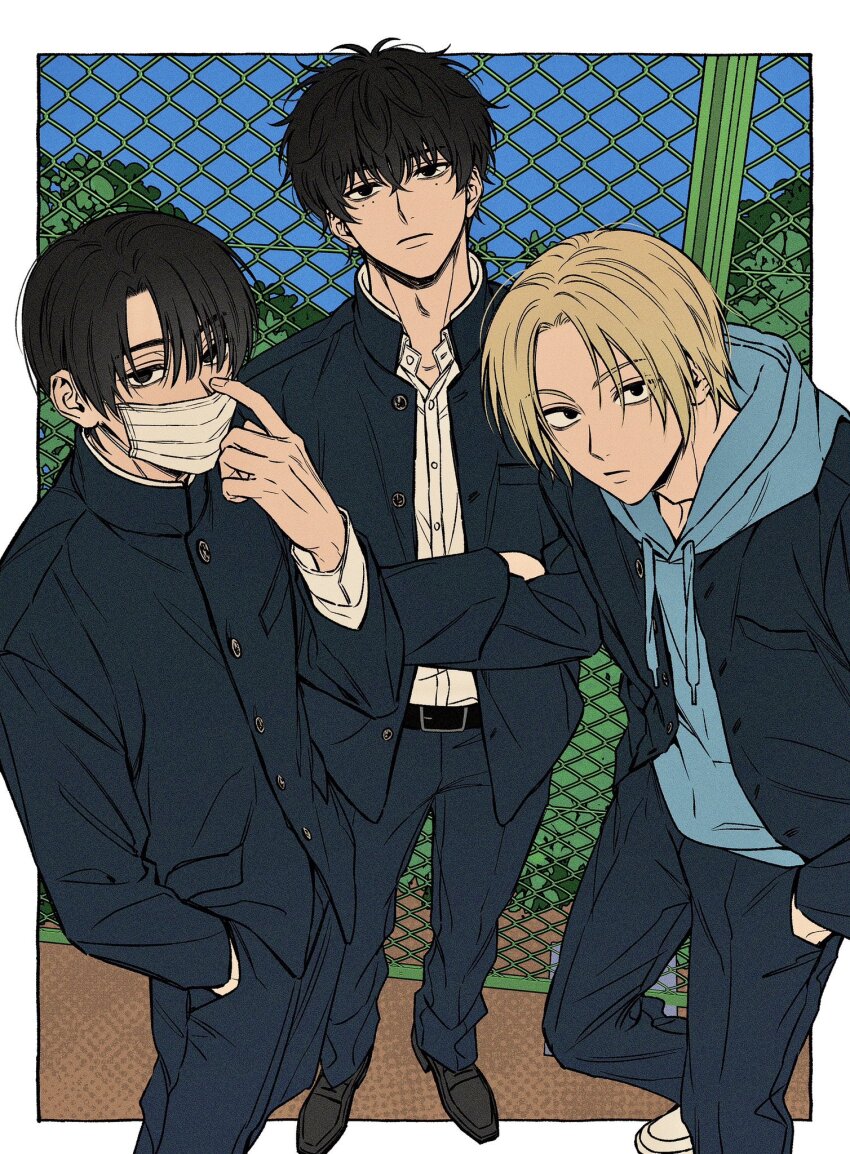 3boys belt black_belt black_eyes black_footwear black_hair black_jacket black_pants blonde_hair blue_hoodie blue_sky buttons closed_mouth collared_shirt crossed_arms curtained_hair expressionless feet_out_of_frame from_above gakuran hand_in_pocket hand_up hands_in_pockets highres hood hood_down hoodie jacket jitome kuroiisana leaning_forward looking_at_viewer male_focus mask mole mole_under_eye mouth_mask multiple_boys multiple_moles open_clothes open_jacket outdoors pants parted_bangs sakamoto_days sanpaku school_uniform seba_mafuyu seba_natsuki shin_(sakamoto_days) shirt short_hair sky straight_hair wavy_hair white_mask white_shirt wire_fence