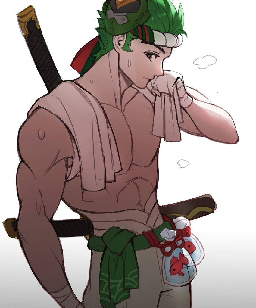 1boy abs absurdres animal arm_up bag bandaged_hand bandages collarbone commentary_request cowboy_shot fish genji_(overwatch) goldfish green_hair green_sash grey_eyes headband highres hot korean_commentary looking_to_the_side male_focus mask mask_on_head muscular muscular_male navel overwatch overwatch_1 pants pectorals plastic_bag sash short_hair sideburns sideways_glance simple_background solo sweat sweatdrop sword sword_on_back tnd4015 topless_male towel towel_around_neck very_sweaty weapon weapon_on_back white_background white_pants wiping_face
