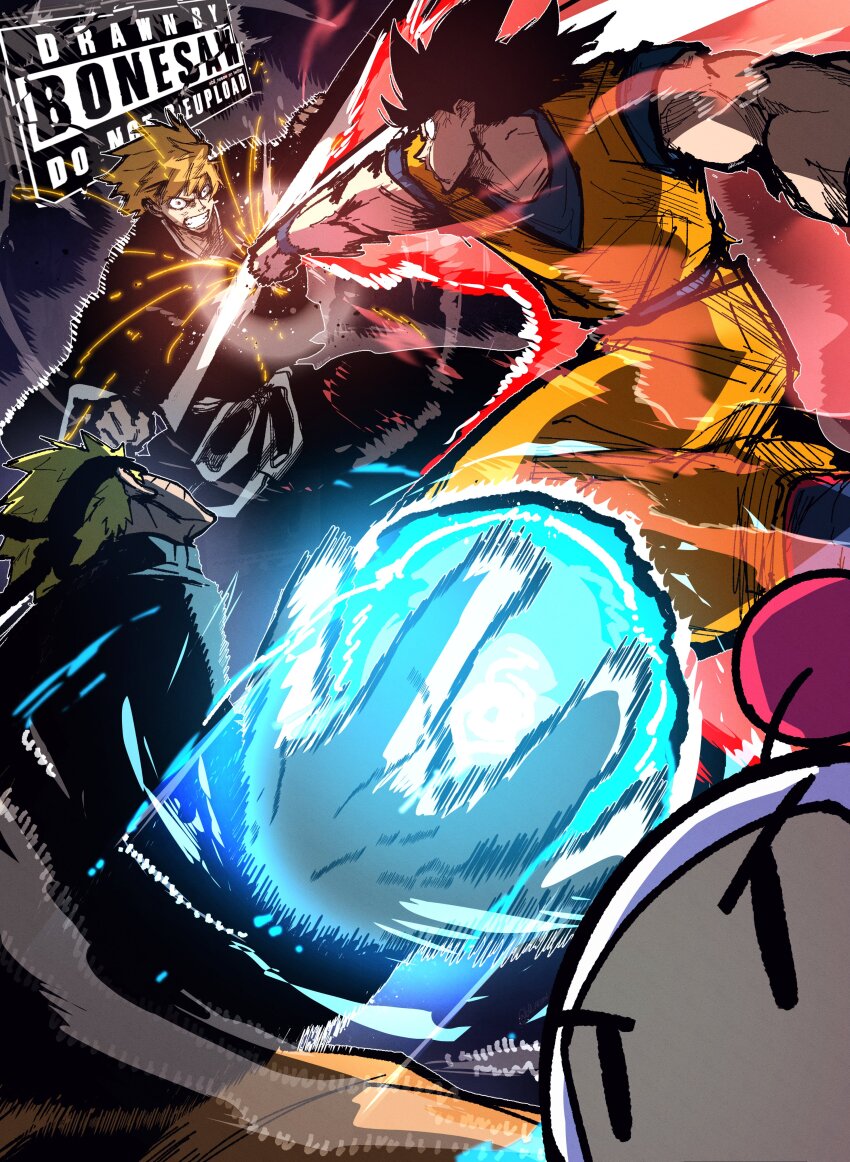 4boys absurdres artist_logo battle black_hair black_hakama bleach blonde_hair bomberman bonesaw_(rdkshinku) crossover dragon_ball fighting forehead_protector hakama highres jacket japanese_clothes kurosaki_ichigo logo looking_at_another multiple_boys multiple_crossover naruto_(series) orange_hair punching rasengan saiyan serious shinigami son_goku spiked_hair uzumaki_naruto white_bomberman
